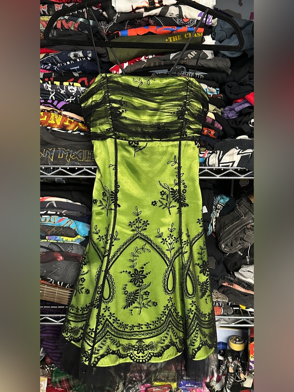 Y2K LE CHATEAU women's green black floral mesh lace A-line mini dress, XXS.